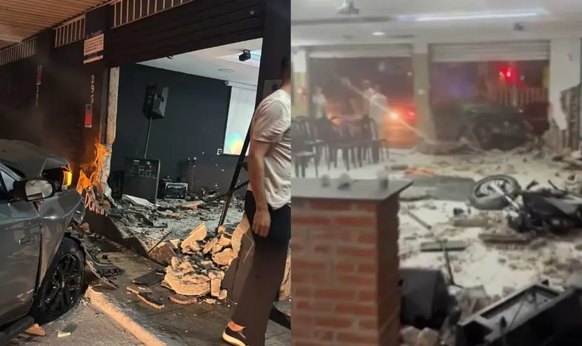 Carro invade igreja após culto, fiéis escapam ilesos e criminoso aceita Jesus dentro da viatura