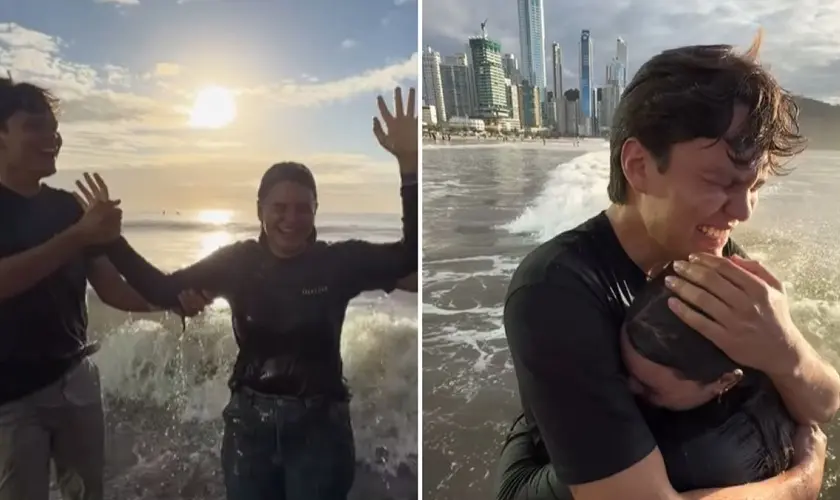 Mar vira altar: jovem emociona multidão ao ser batizada diante de 40 mil pessoas em Balneário Camboriú